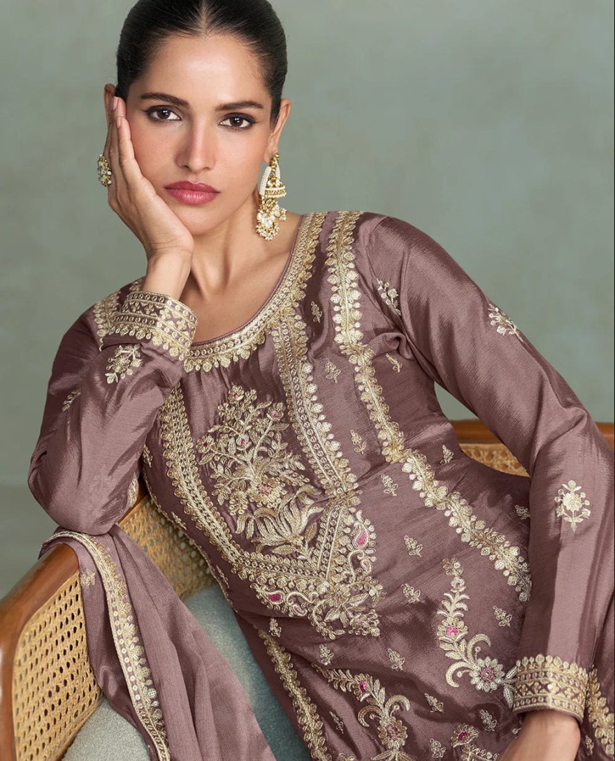 10239 - Dusty Grey Chinon Silk Embroidered Palazzo Suit For Indian Wedding and Pakistani Festival