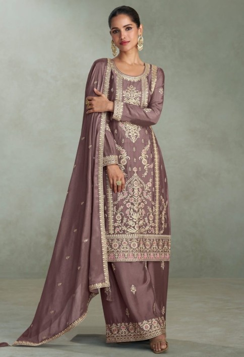Dusty Grey Chinon Silk Embroidered Palazzo Suit For Indian Wedding and Pakistani Festival