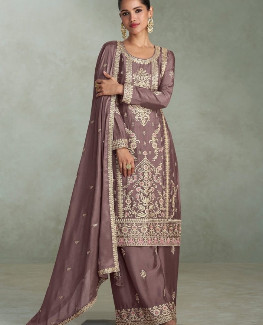 10239 - Dusty Grey Chinon Silk Embroidered Palazzo Suit For Indian Wedding and Pakistani Festival
