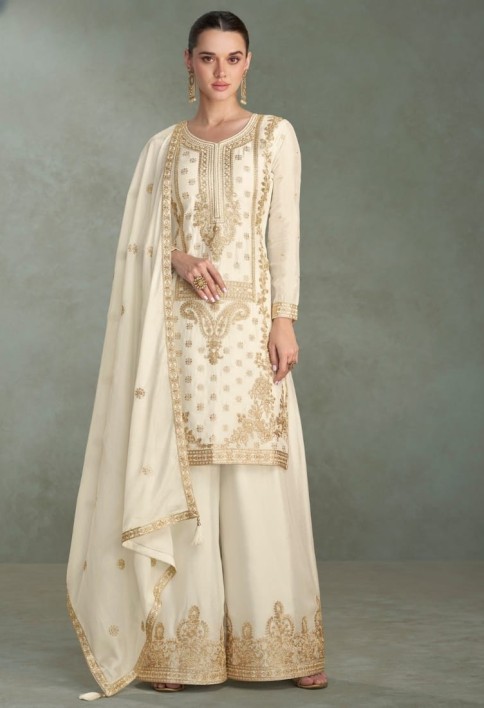 Ivory White Chinon Silk Embroidered Palazzo Suit For Indian Wedding and Pakistani Festival