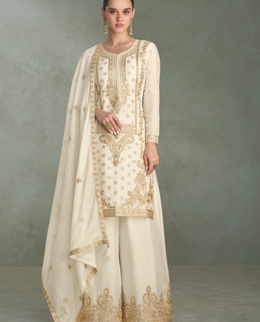 10240 - Ivory White Chinon Silk Embroidered Palazzo Suit For Indian Wedding and Pakistani Festival