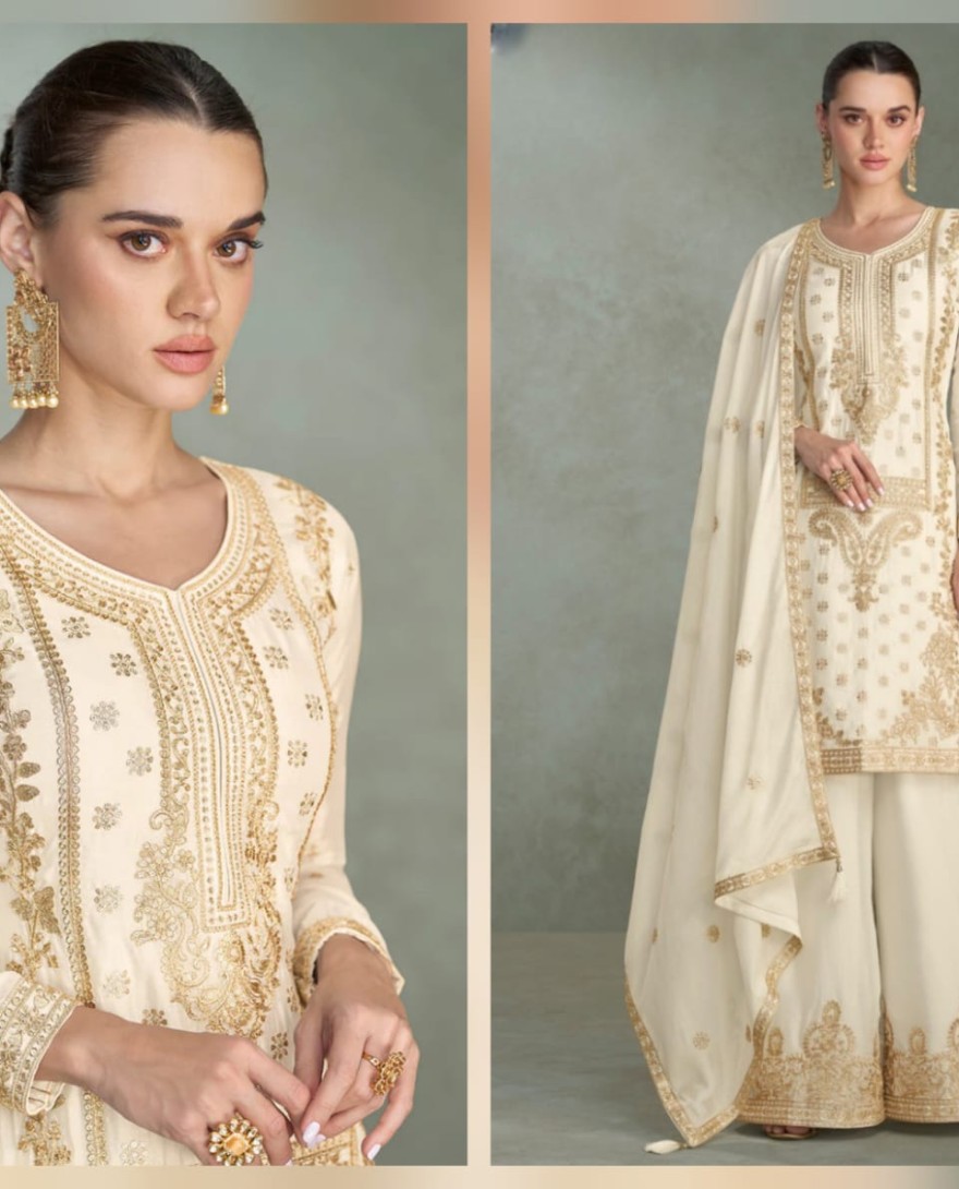 10240 - Ivory White Chinon Silk Embroidered Palazzo Suit For Indian Wedding and Pakistani Festival