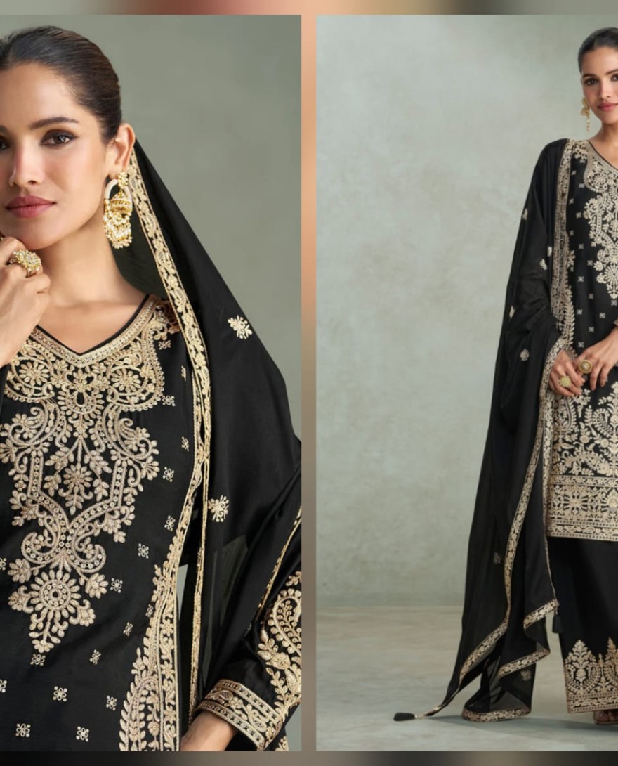 10241 - Black Chinon Silk Embroidered Palazzo Suit For Indian Wedding and Pakistani Festival