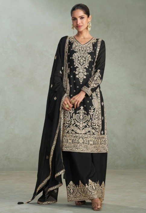 Black Chinon Silk Embroidered Palazzo Suit For Indian Wedding and Pakistani Festival