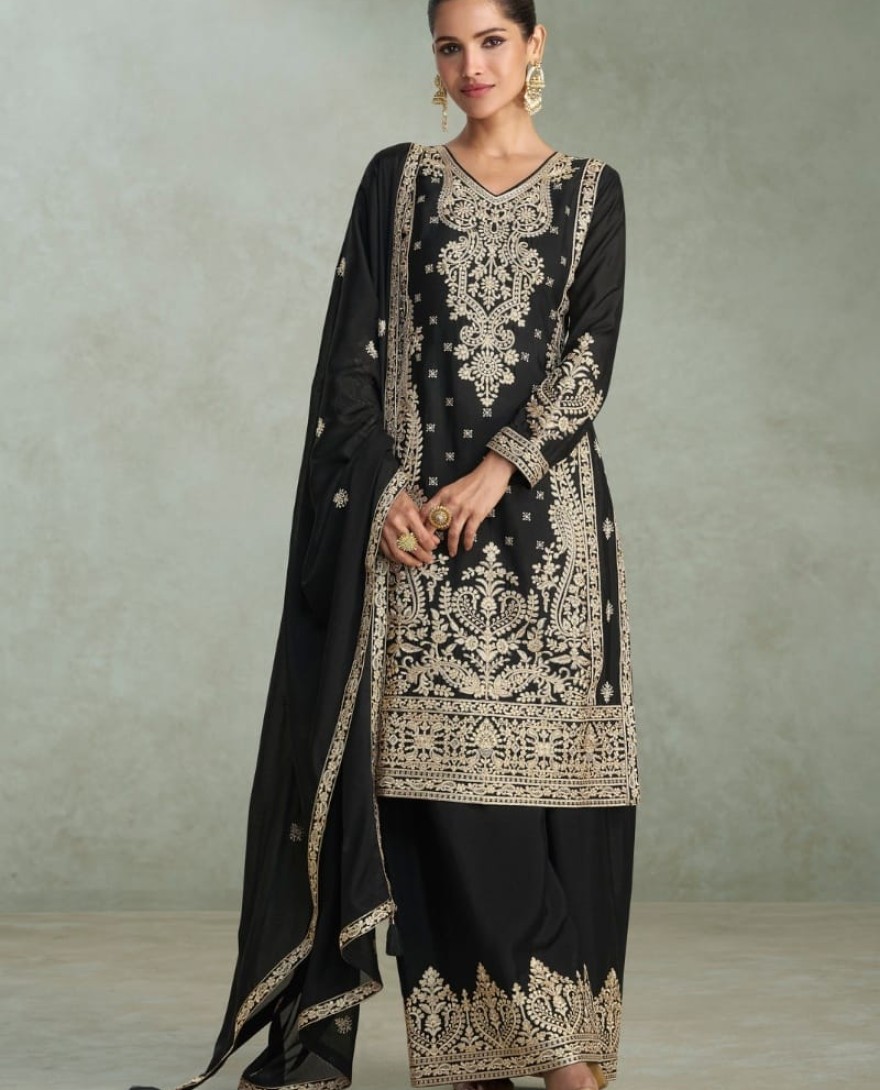 10241 - Black Chinon Silk Embroidered Palazzo Suit For Indian Wedding and Pakistani Festival