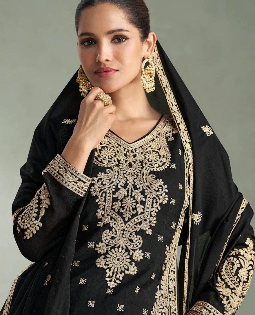 10241 - Black Chinon Silk Embroidered Palazzo Suit For Indian Wedding and Pakistani Festival