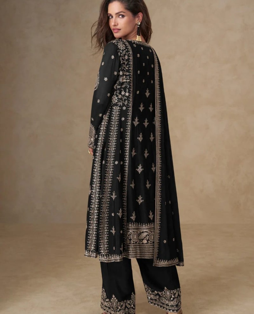 10252 - Black Chinon Silk Palazzo Suit with Dupatta for Indian and Pakistani Party Wear