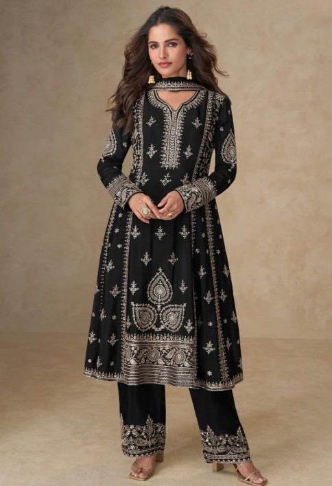 Black Chinon Silk Palazzo Suit with Dupatta for Indian and Pakistani Party Wear