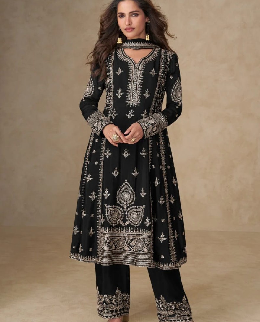 10252 - Black Chinon Silk Palazzo Suit with Dupatta for Indian and Pakistani Party Wear