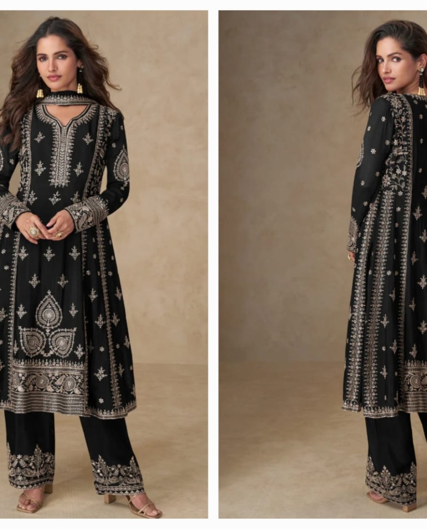 10252 - Black Chinon Silk Palazzo Suit with Dupatta for Indian and Pakistani Party Wear