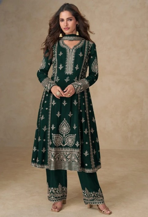 Bottle Green Chinon Silk Palazzo Suit with Dupatta for Indian and Pakistani Party Wear