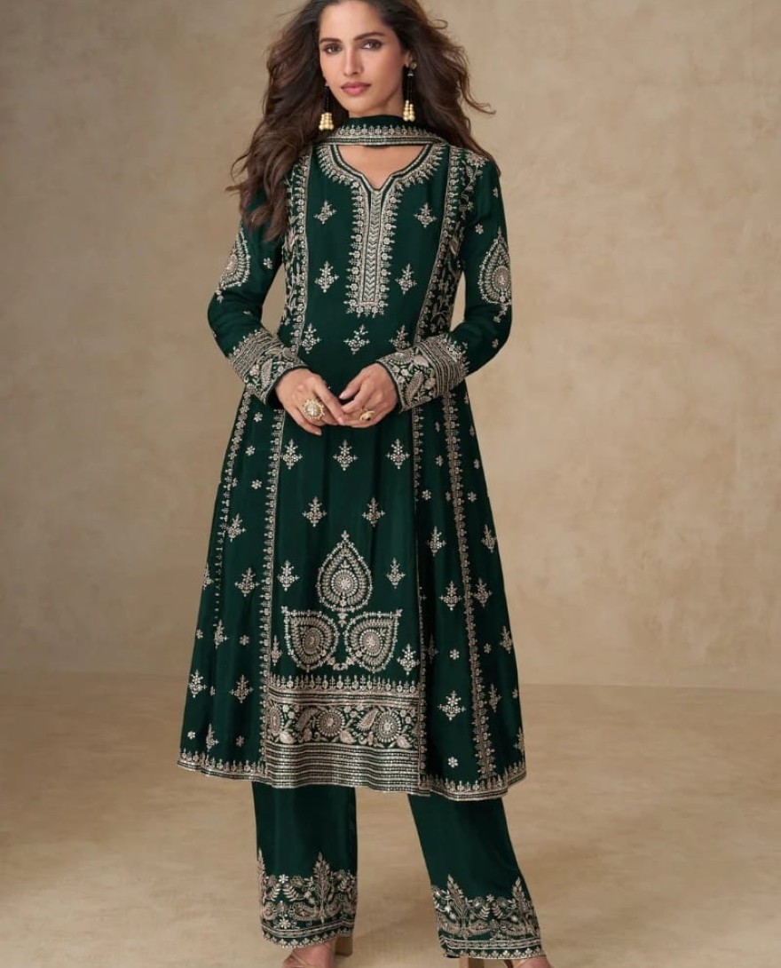 10255 - Bottle Green Chinon Silk Palazzo Suit with Dupatta for Indian and Pakistani Party Wear