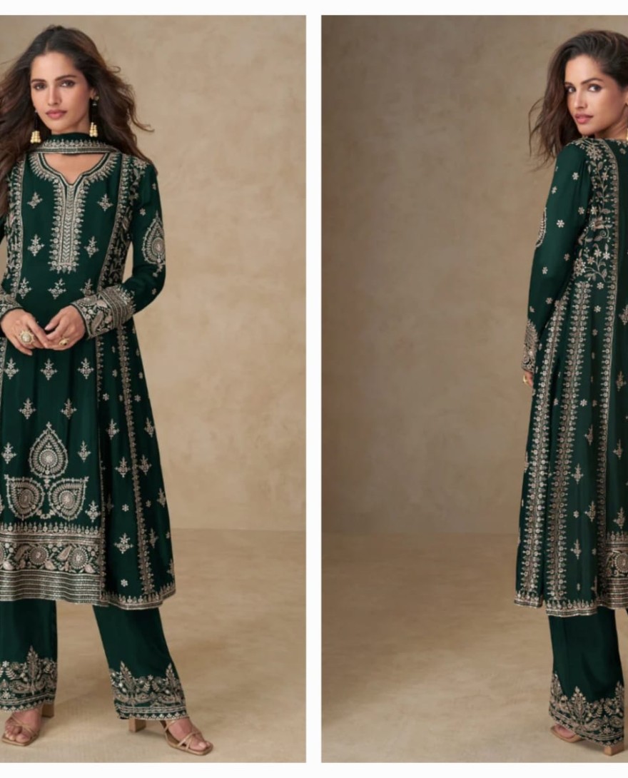 10255 - Bottle Green Chinon Silk Palazzo Suit with Dupatta for Indian and Pakistani Party Wear