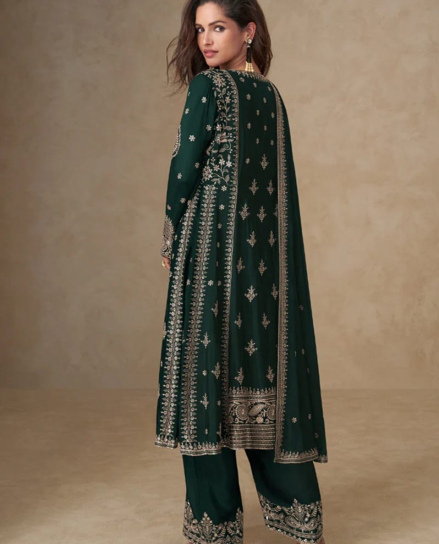 10255 - Bottle Green Chinon Silk Palazzo Suit with Dupatta for Indian and Pakistani Party Wear