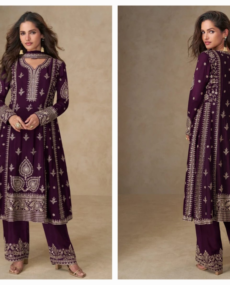 10254 - Wine Chinon Silk Palazzo Suit with Dupatta for Indian and Pakistani Party Wear