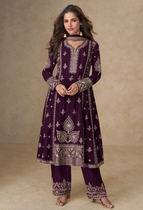 Wine Chinon Silk Palazzo Suit with Dupatta for Indian and Pakistani Party Wear