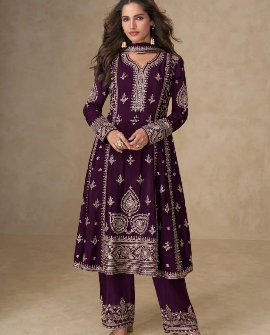 10254 - Wine Chinon Silk Palazzo Suit with Dupatta for Indian and Pakistani Party Wear
