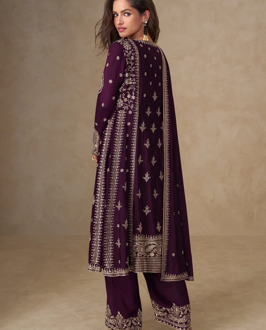 10254 - Wine Chinon Silk Palazzo Suit with Dupatta for Indian and Pakistani Party Wear