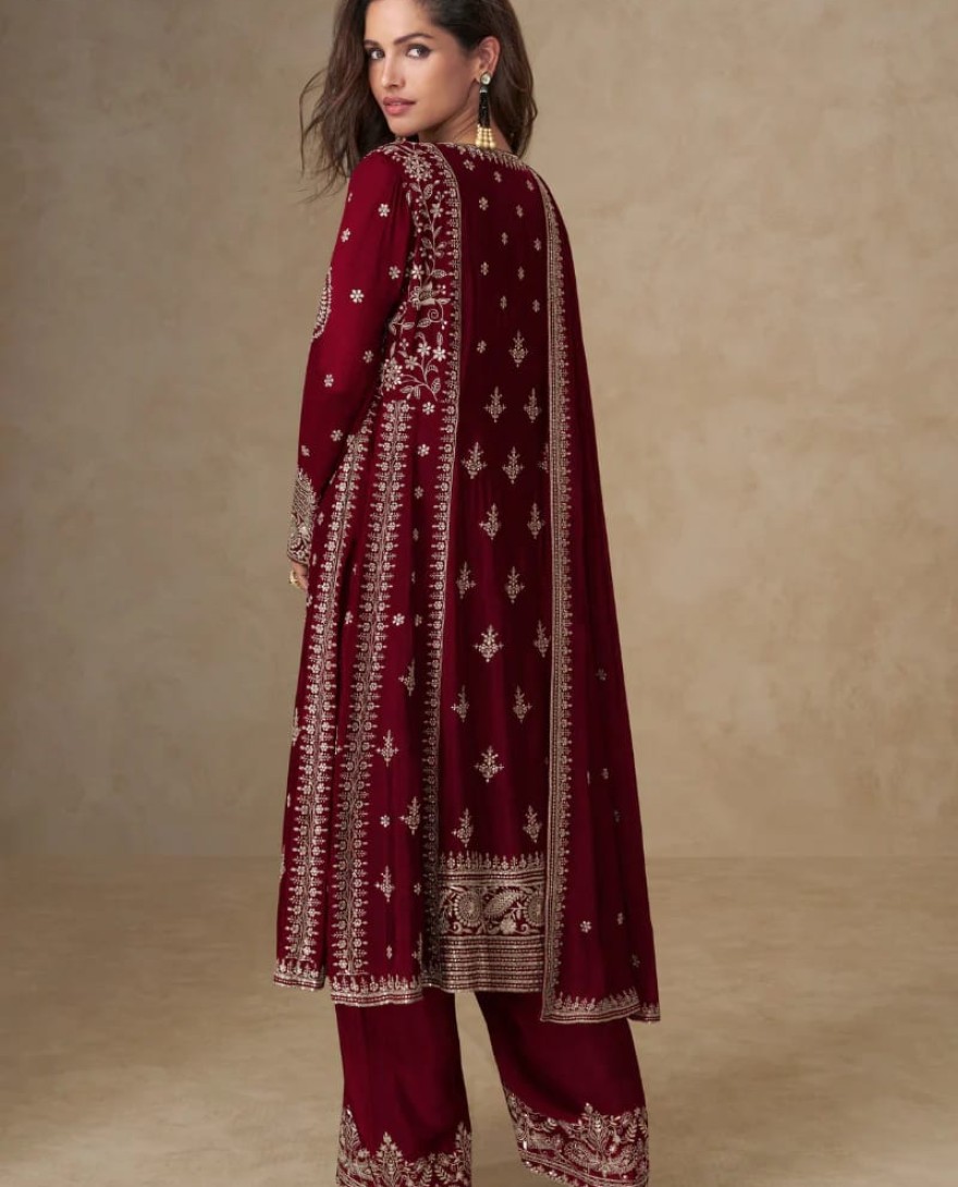 10256 - Maroon Chinon Silk Palazzo Suit with Dupatta for Indian and Pakistani Party Wear