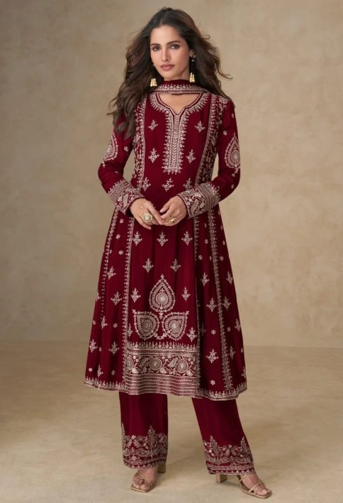 Maroon Chinon Silk Palazzo Suit with Dupatta for Indian and Pakistani Party Wear