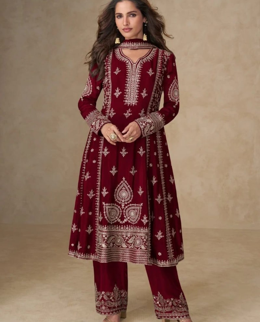 10256 - Maroon Chinon Silk Palazzo Suit with Dupatta for Indian and Pakistani Party Wear