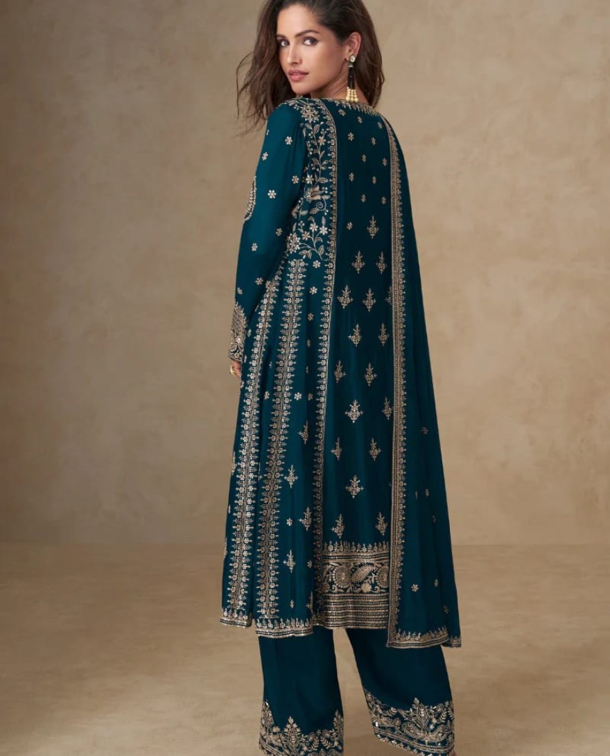 10253 - Teal Blue Chinon Silk Palazzo Suit with Dupatta for Indian and Pakistani Party Wear