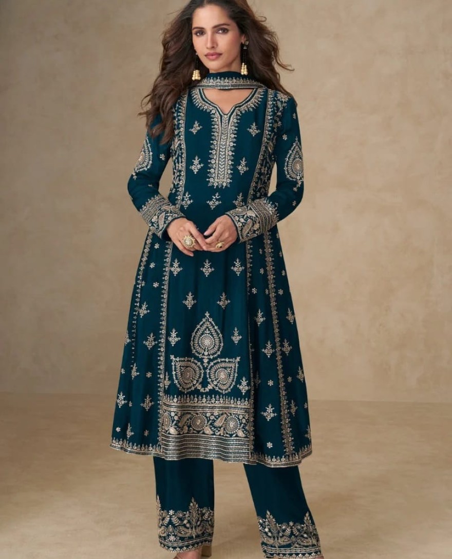 10253 - Teal Blue Chinon Silk Palazzo Suit with Dupatta for Indian and Pakistani Party Wear