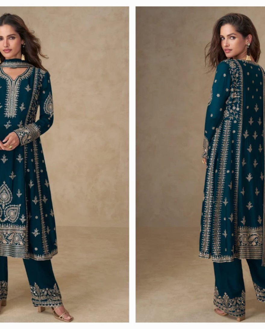 10253 - Teal Blue Chinon Silk Palazzo Suit with Dupatta for Indian and Pakistani Party Wear