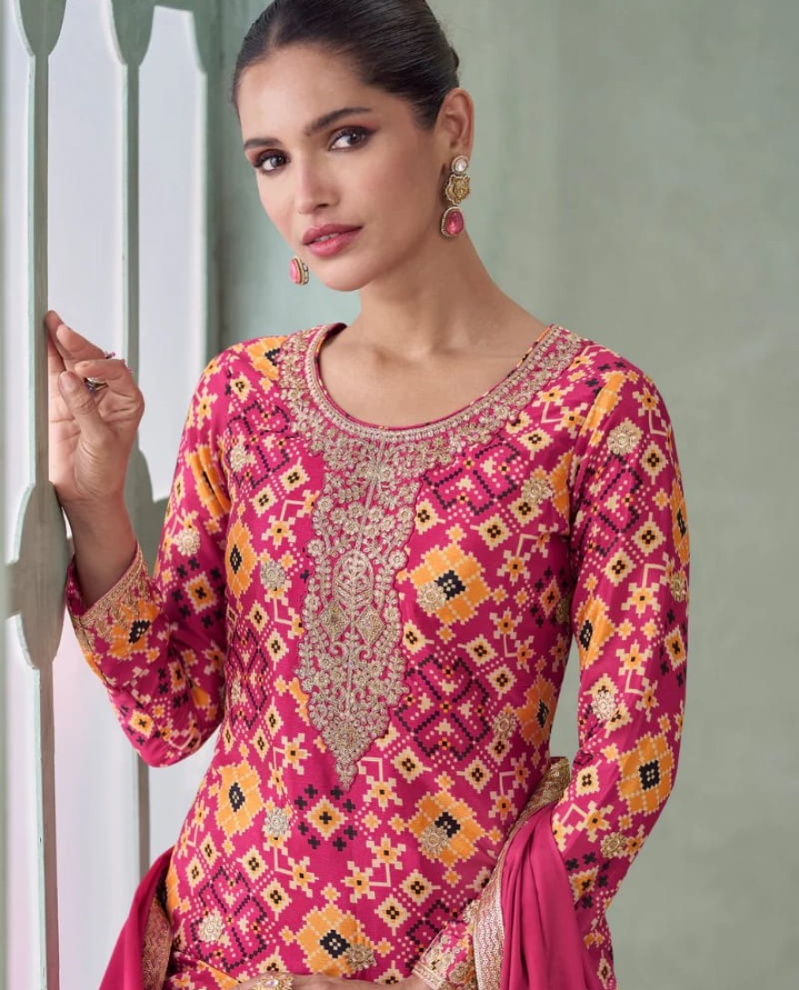Pink - Rani Pink & Yellow Chinon Silk Sharara Suit for Indian Wedding and Pakistani Festival