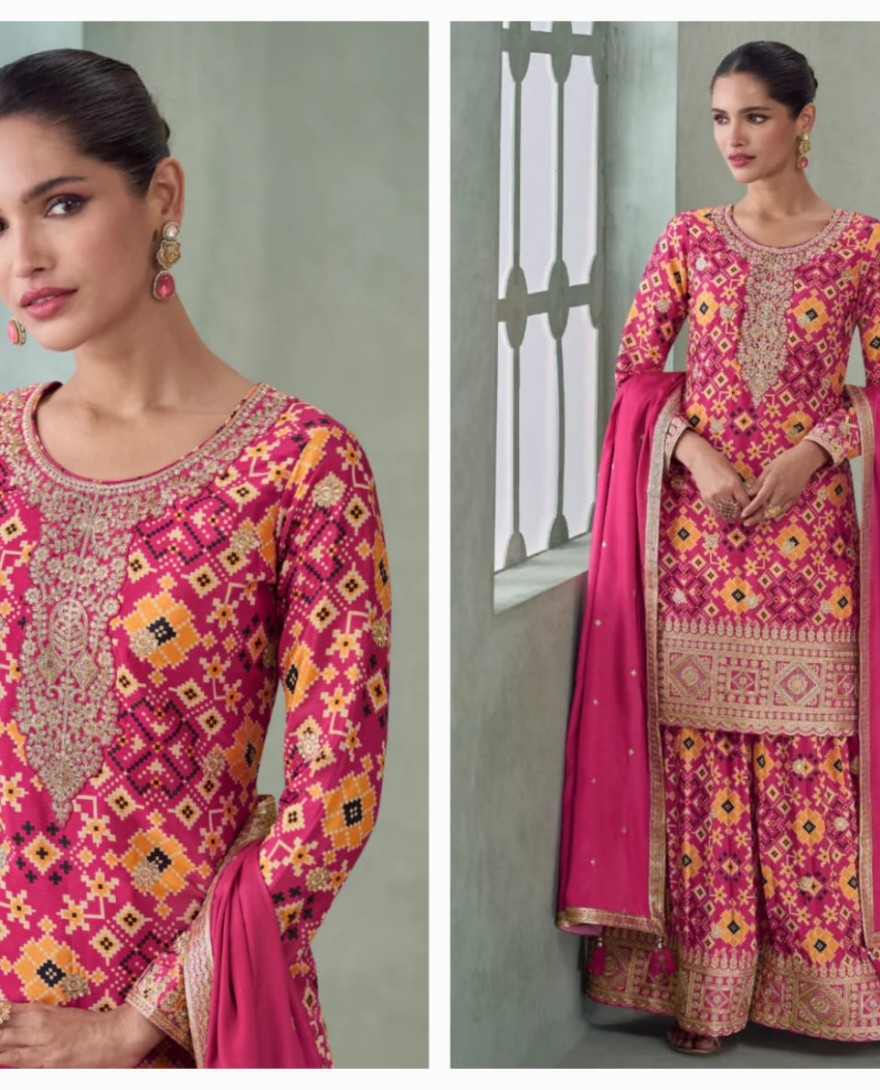Pink - Rani Pink & Yellow Chinon Silk Sharara Suit for Indian Wedding and Pakistani Festival