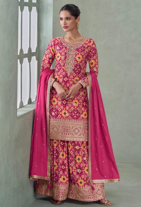 Rani Pink & Yellow Chinon Silk Sharara Suit for Indian Wedding and Pakistani Festival