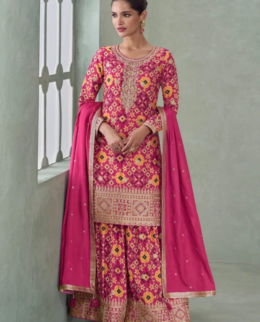 Pink - Rani Pink & Yellow Chinon Silk Sharara Suit for Indian Wedding and Pakistani Festival