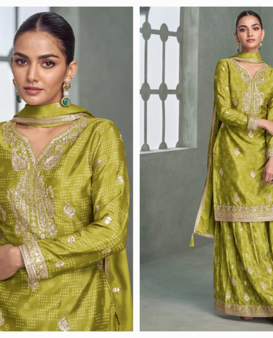 Green - Mehendi Green Chinon Silk Sharara Suit for Indian Wedding and Pakistani Festival