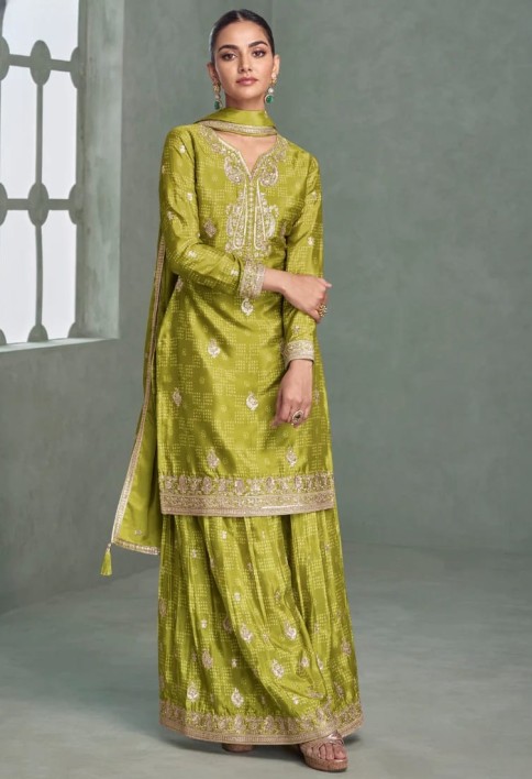 Mehendi Green Chinon Silk Sharara Suit for Indian Wedding and Pakistani Festival
