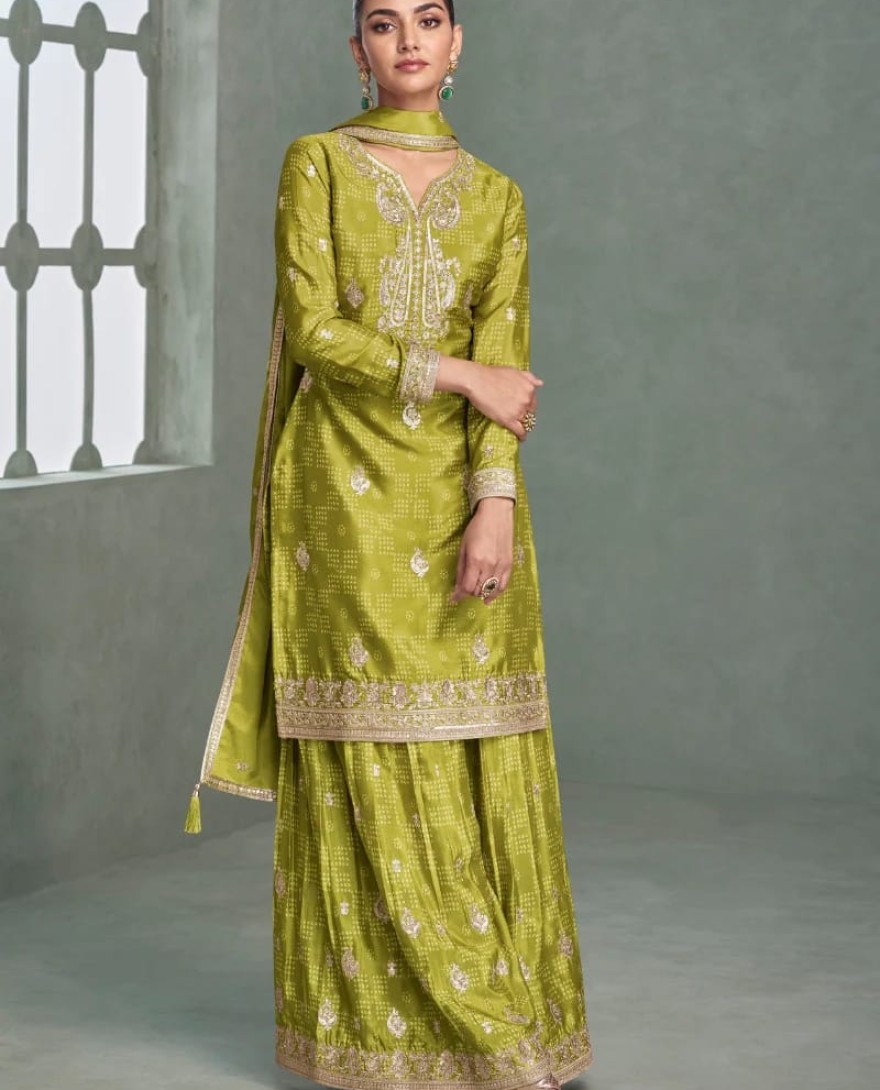 Green - Mehendi Green Chinon Silk Sharara Suit for Indian Wedding and Pakistani Festival