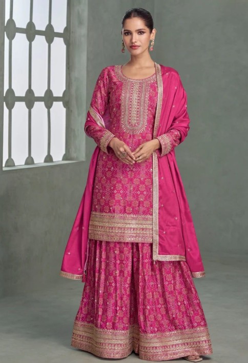 Rani Pink Chinon Silk Sharara Suit for Indian Wedding and Pakistani Festival