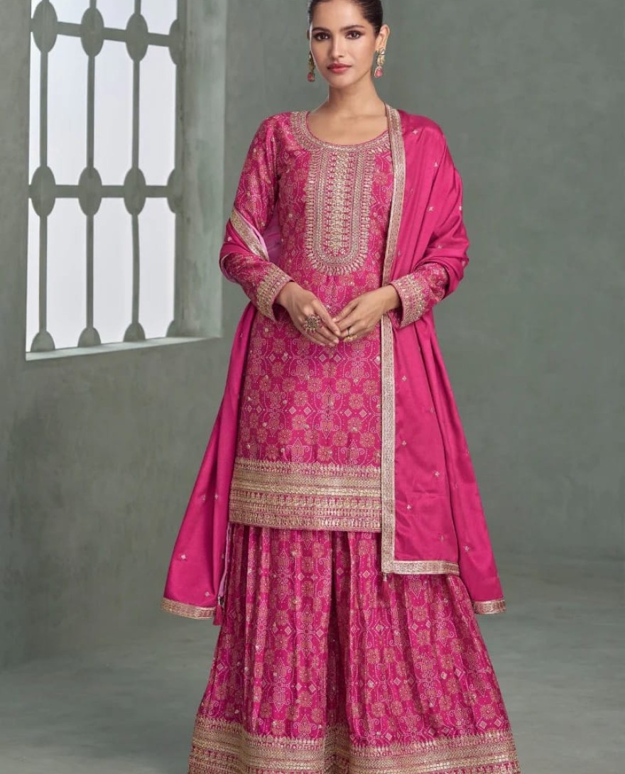 PINK - Rani Pink Chinon Silk Sharara Suit for Indian Wedding and Pakistani Festival