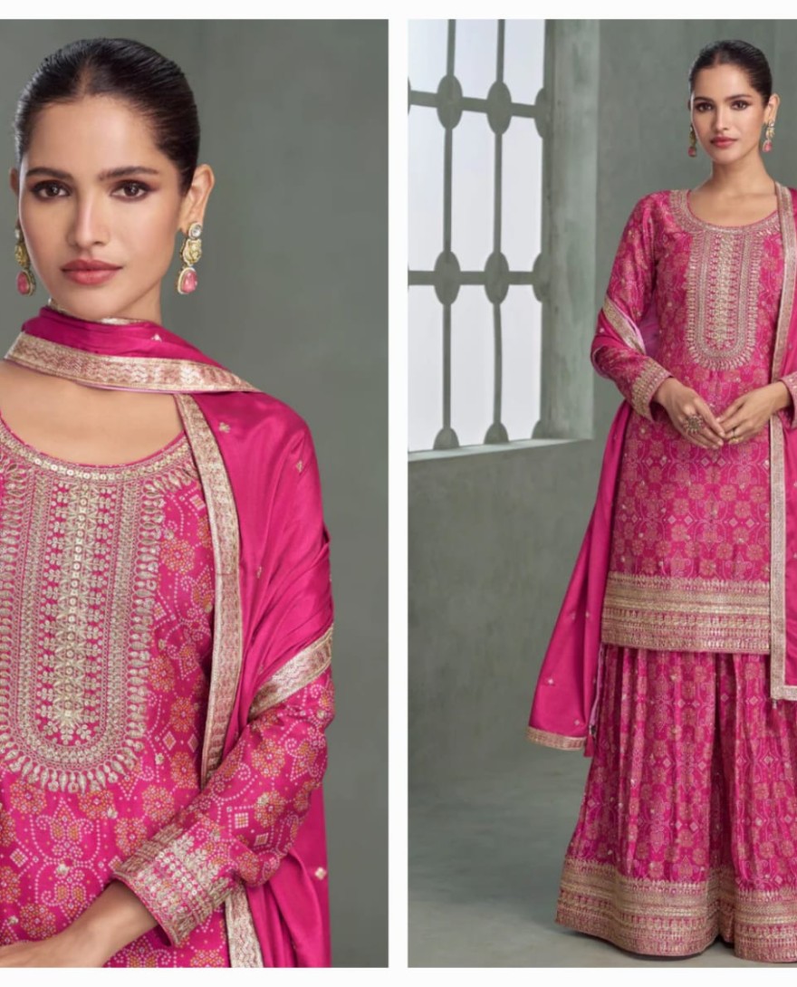 PINK - Rani Pink Chinon Silk Sharara Suit for Indian Wedding and Pakistani Festival