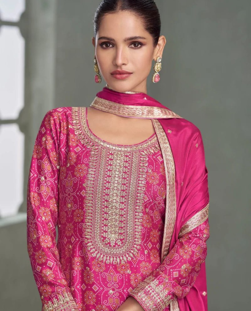 PINK - Rani Pink Chinon Silk Sharara Suit for Indian Wedding and Pakistani Festival
