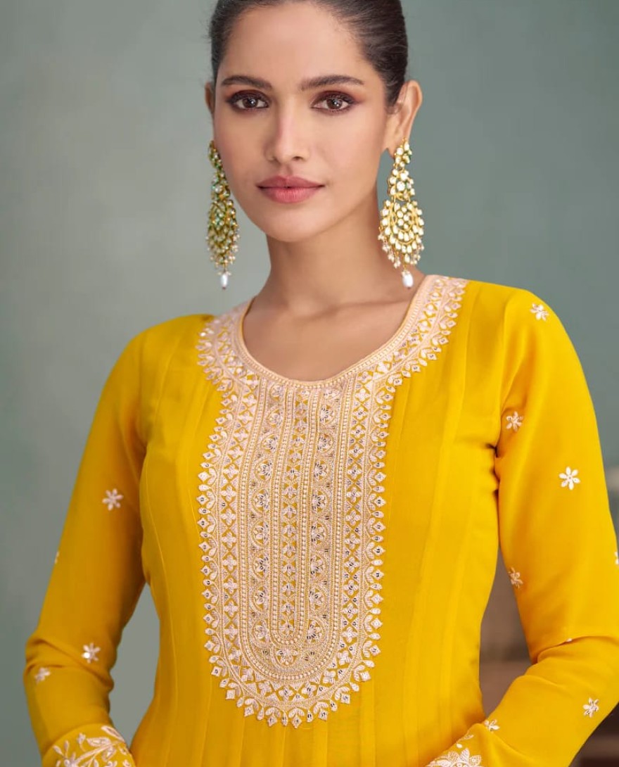 10274 - Yellow Georgette Anarkali Suit with Dupatta for Indian Festival and Pakistani Wedding
