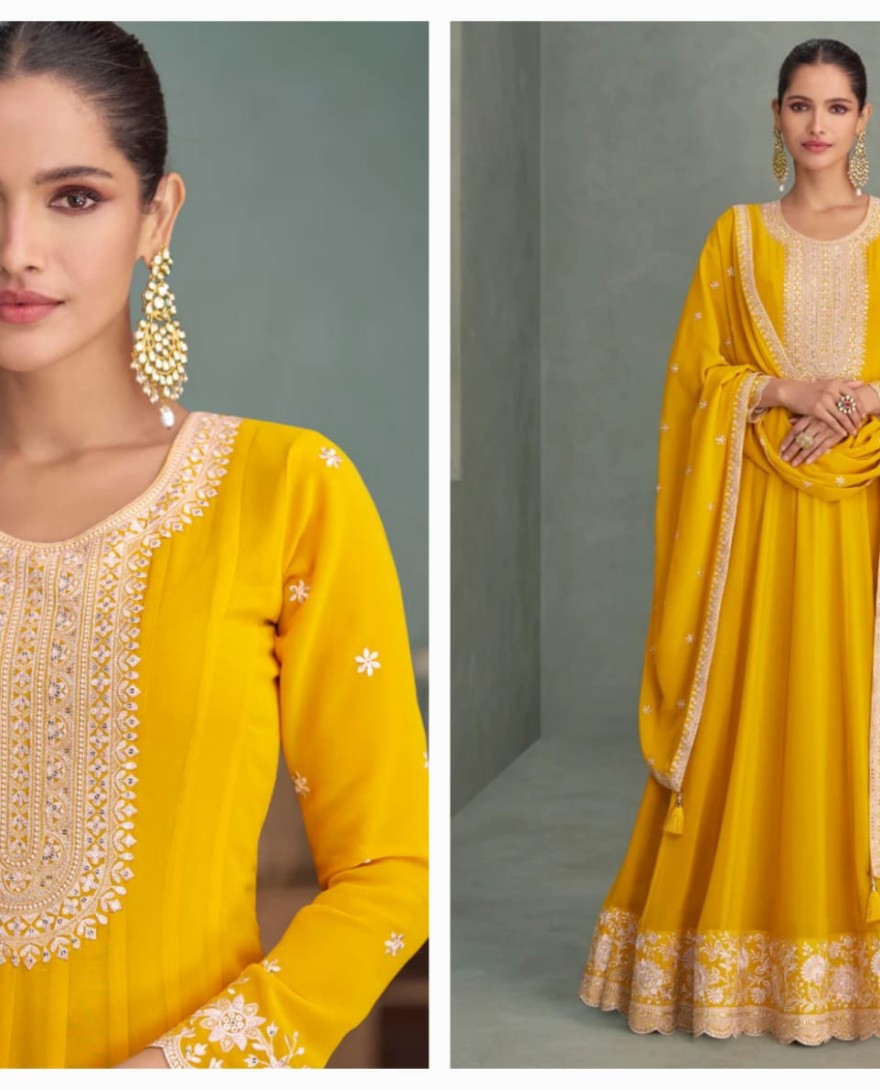 10274 - Yellow Georgette Anarkali Suit with Dupatta for Indian Festival and Pakistani Wedding