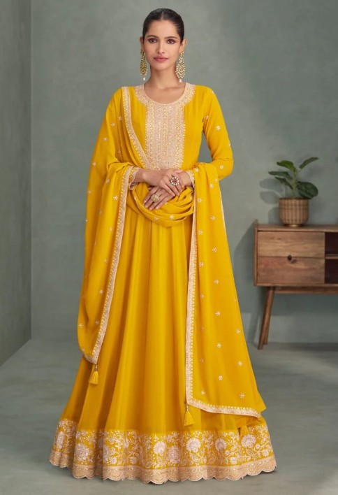 Yellow Georgette Anarkali Suit with Dupatta for Indian Festival and Pakistani Wedding