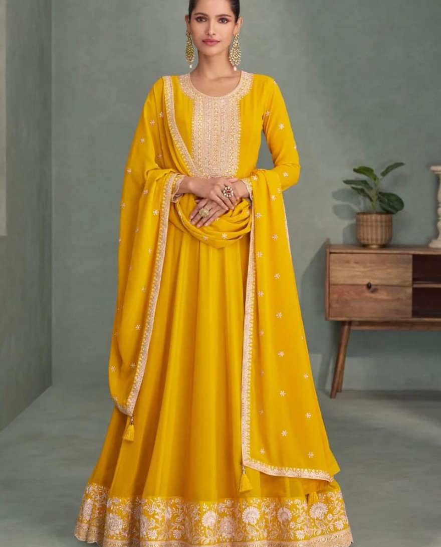 10274 - Yellow Georgette Anarkali Suit with Dupatta for Indian Festival and Pakistani Wedding