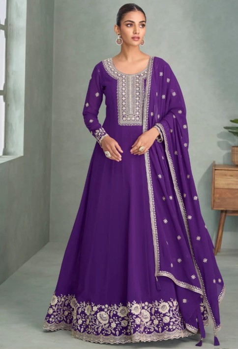 Purple Georgette Anarkali Suit with Dupatta for Indian Festival and Pakistani Wedding