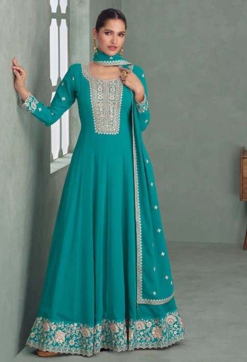 Teal Green Georgette Anarkali Suit with Dupatta for Indian Festival and Pakistani Wedding