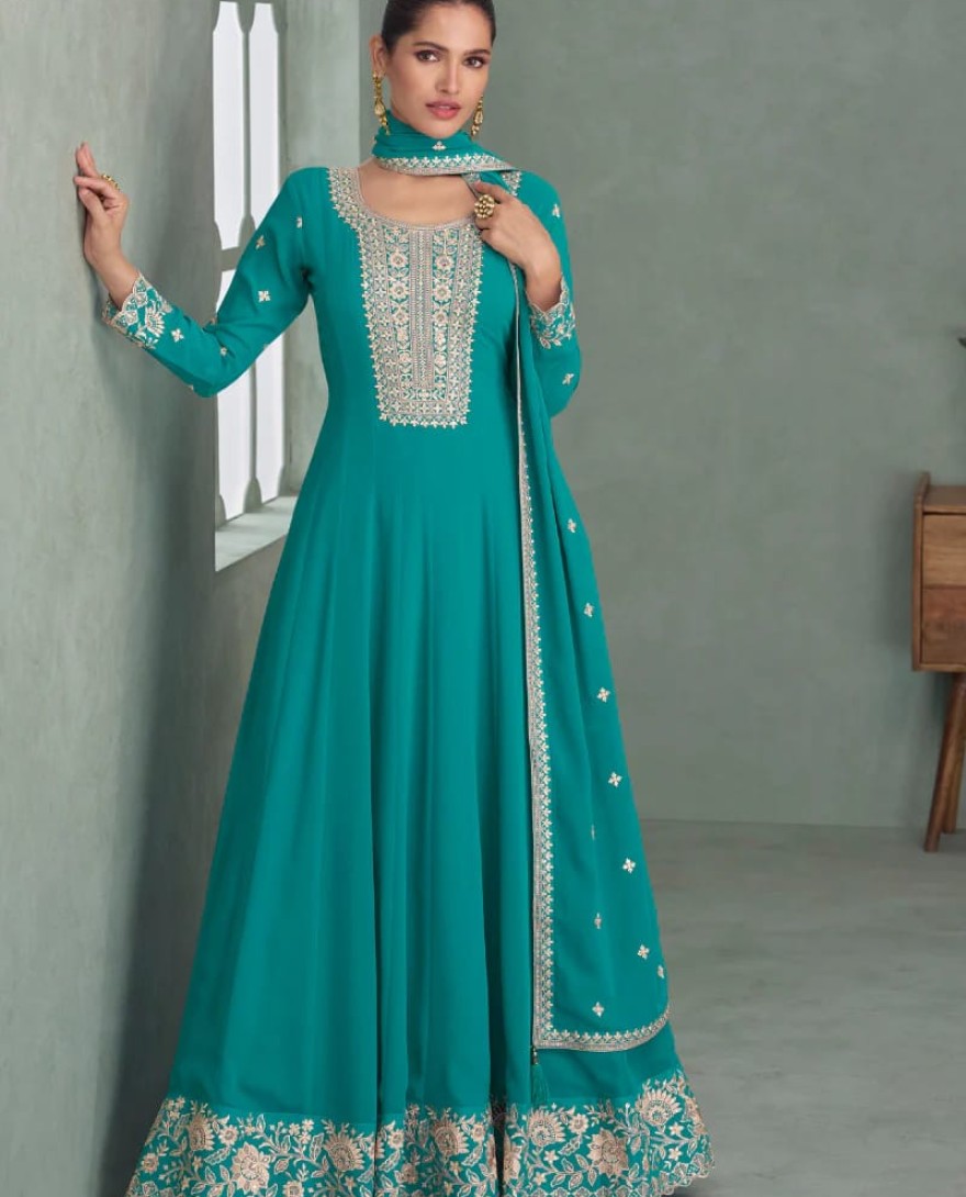 10276 - Teal Green Georgette Anarkali Suit with Dupatta for Indian Festival and Pakistani Wedding