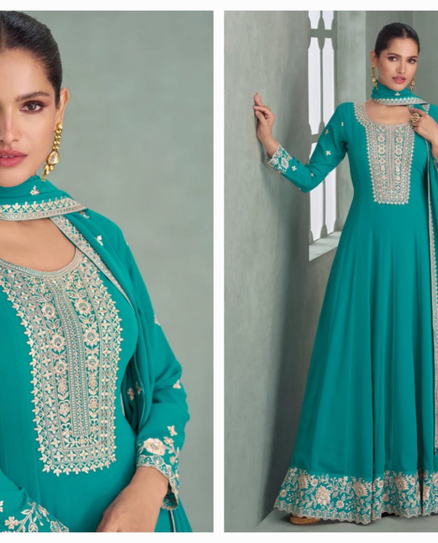 10276 - Teal Green Georgette Anarkali Suit with Dupatta for Indian Festival and Pakistani Wedding