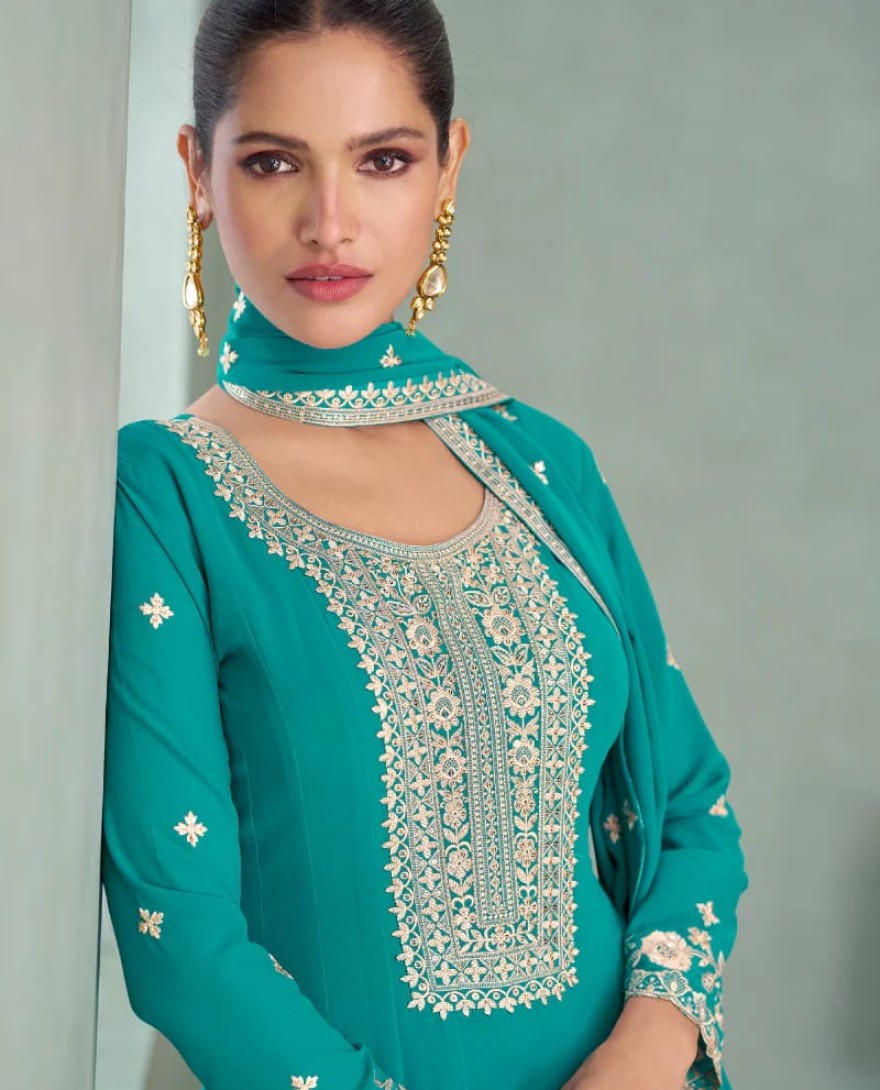 10276 - Teal Green Georgette Anarkali Suit with Dupatta for Indian Festival and Pakistani Wedding