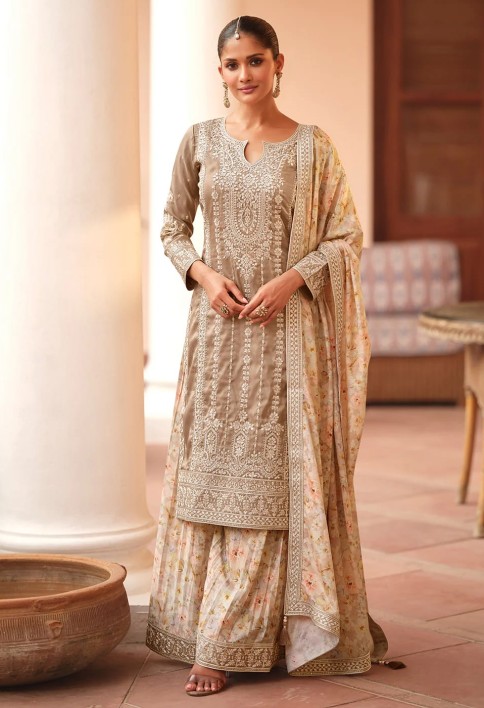 Festive Shimmer Silk Grey Embroidered Palazzo Suit