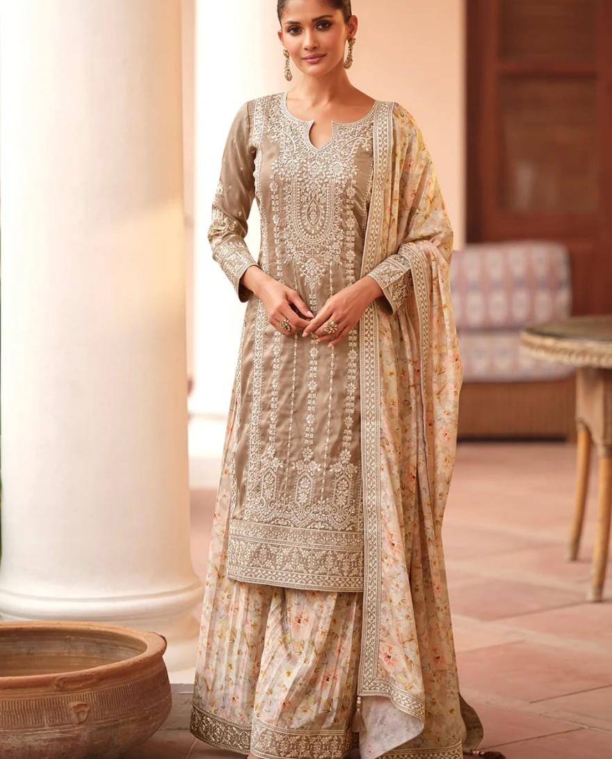 GOLDEN - Festive Shimmer Silk Grey Embroidered Palazzo Suit